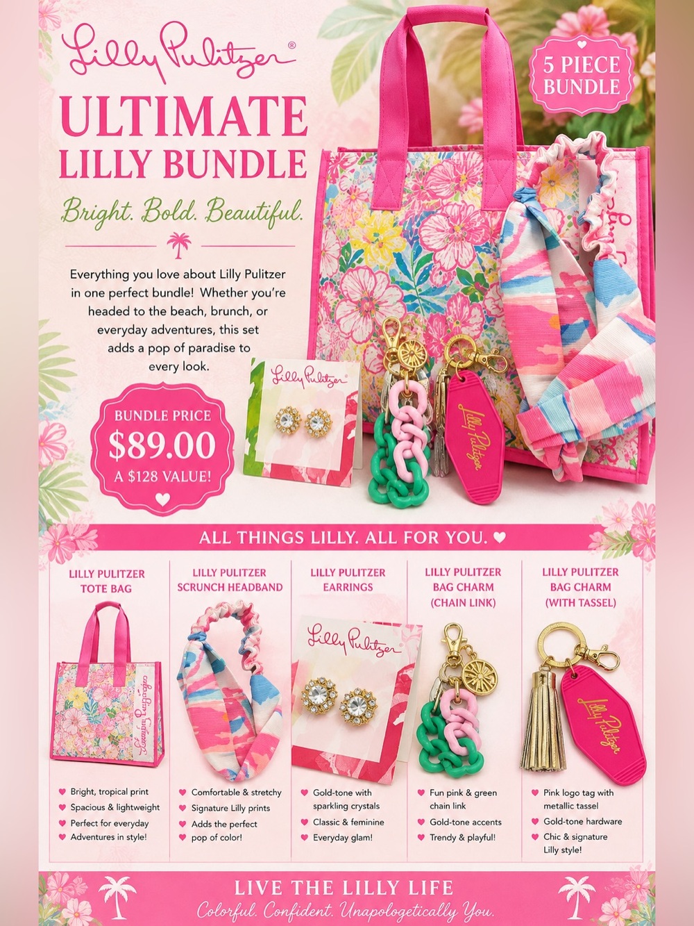 Lilly Pulitzer Pink Floral Tote & Matching Pink Accessories Bundle